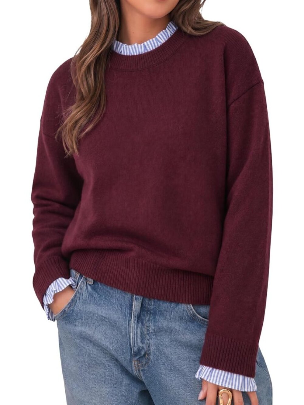 Cozy Women's Long Sleeve Ruffle Sweater Top | Patchwork Knit Crew Neck